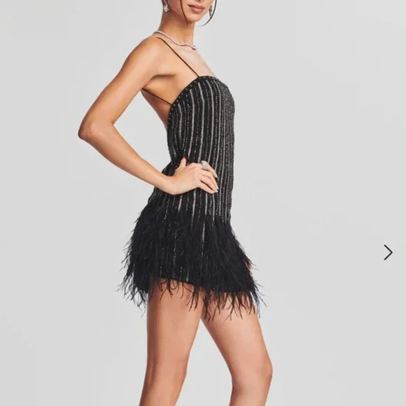 Retrofete Rubina Sequin Feather Mini Dress Black Square Neck - Picture 2 of 6